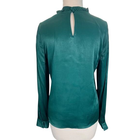 Rachel Parcell Satin Green High Neck Blouse Size S | Ruffle Trim Long Sleeve - Picture 2 of 12